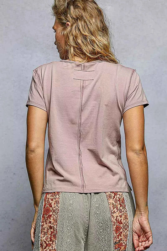 Contrast Stitching Round Neck Short Sleeve T-Shirt e2c50e9e-5902-4429-bc54-697dc904cd09-Max-Origin