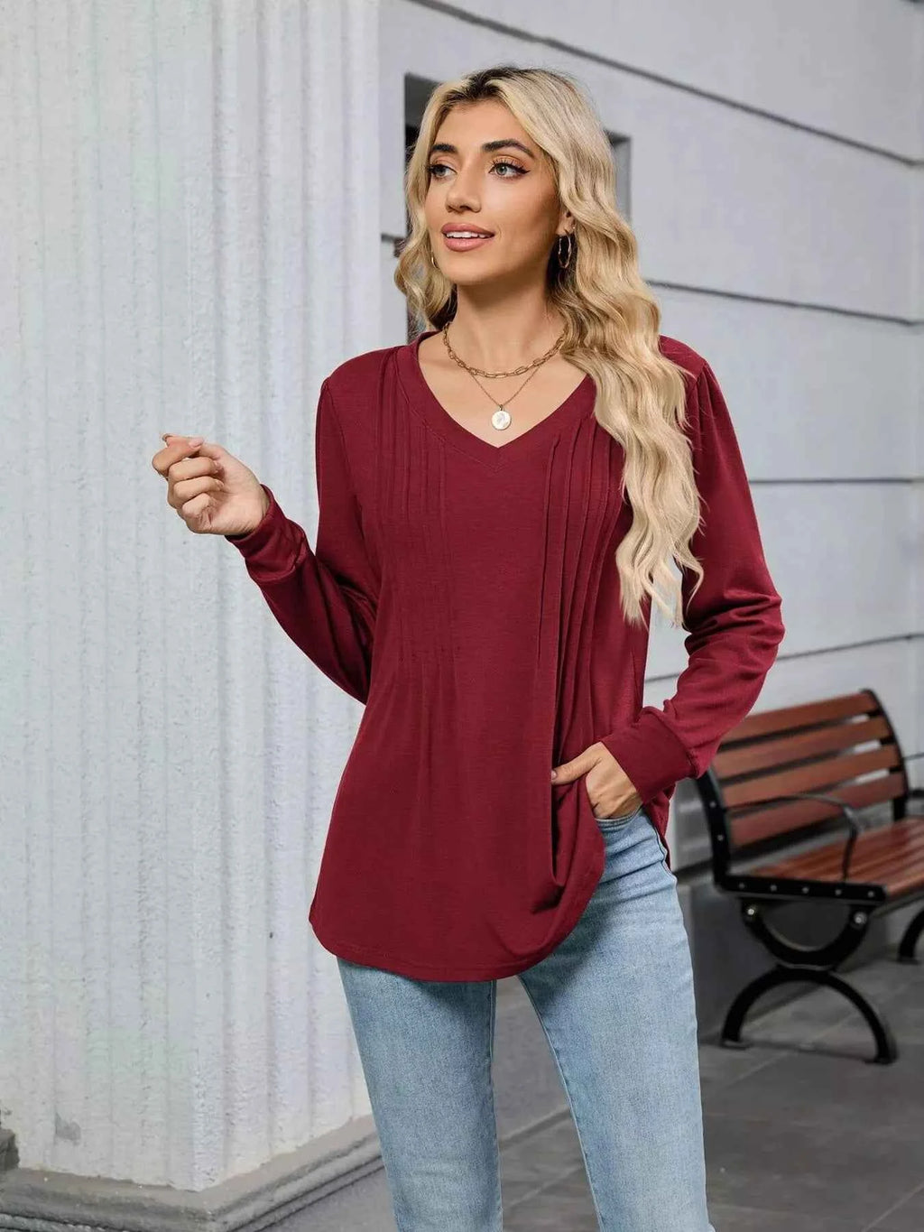 V-Neck Long Sleeve Relaxed Fit T-Shirt