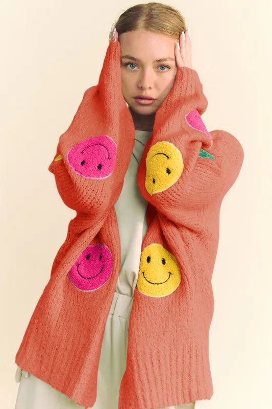 Davi & Dani Fuzzy Smile Open Front Long Sleeve Cardigan Rust e2c913cd-8807-4771-82da-3c54995daeb6-Max