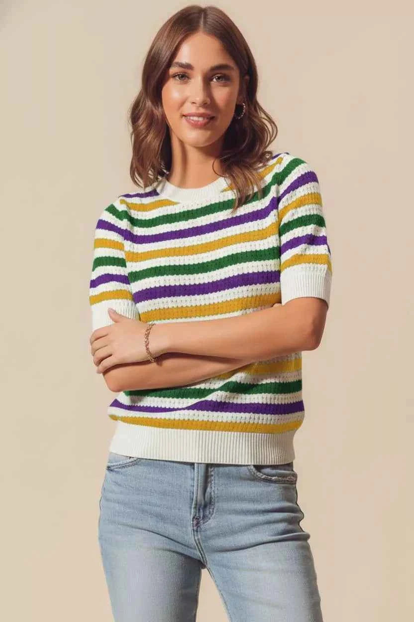SO ME Mardi Gras Crew Neck Stripe Breathable Sweater e2cb94cb-5d06-43ee-baa7-9312d0ea9691-Max-Origin
