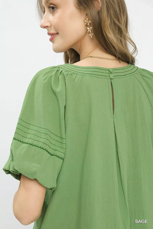 Round Neck Puff Sleeve Top with Contrast Stitch Detail e2cccb3a-eb78-41e3-8d1d-8be1023adbd6-Max-Origin