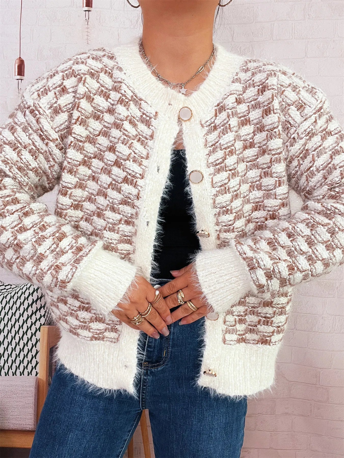 Fluffy Textured Button-Up Cardigan Brown One Size e2cccd4a586744ff8b18affa7e5fc9a3-Max-Origin
