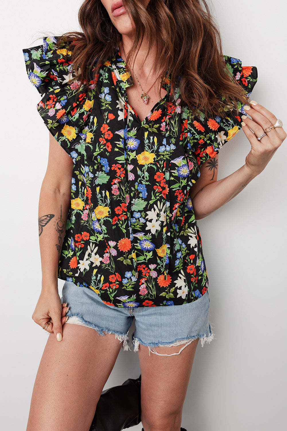 Black Tiered Flutter Sleeve V Neck Flower Blouse Black 100%Polyester e2d1e856344d03ff