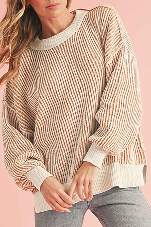 Chestnut Striped Contrast Trim Loose Sweater Chestnut 100%Polyester e2db69ca5094e59b