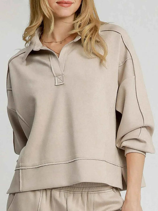 Exposed Seam Long Sleeve Polo Top with Side Slit e2deac83-084e-4218-9f52-736e9811d3cb-Max-Origin