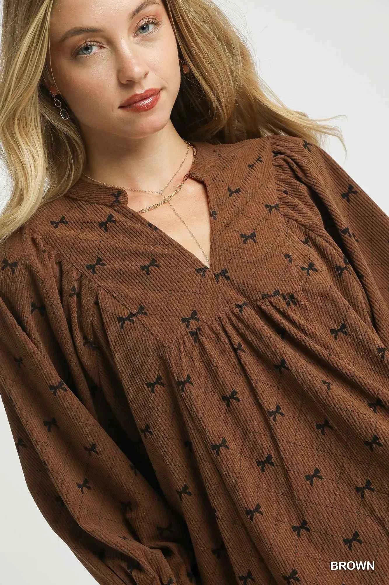 Umgee Corduroy Bow Print Balloon Sleeve Blouse e2dfc83e-19de-41dc-983e-a0a7dc03f568-Max-Origin