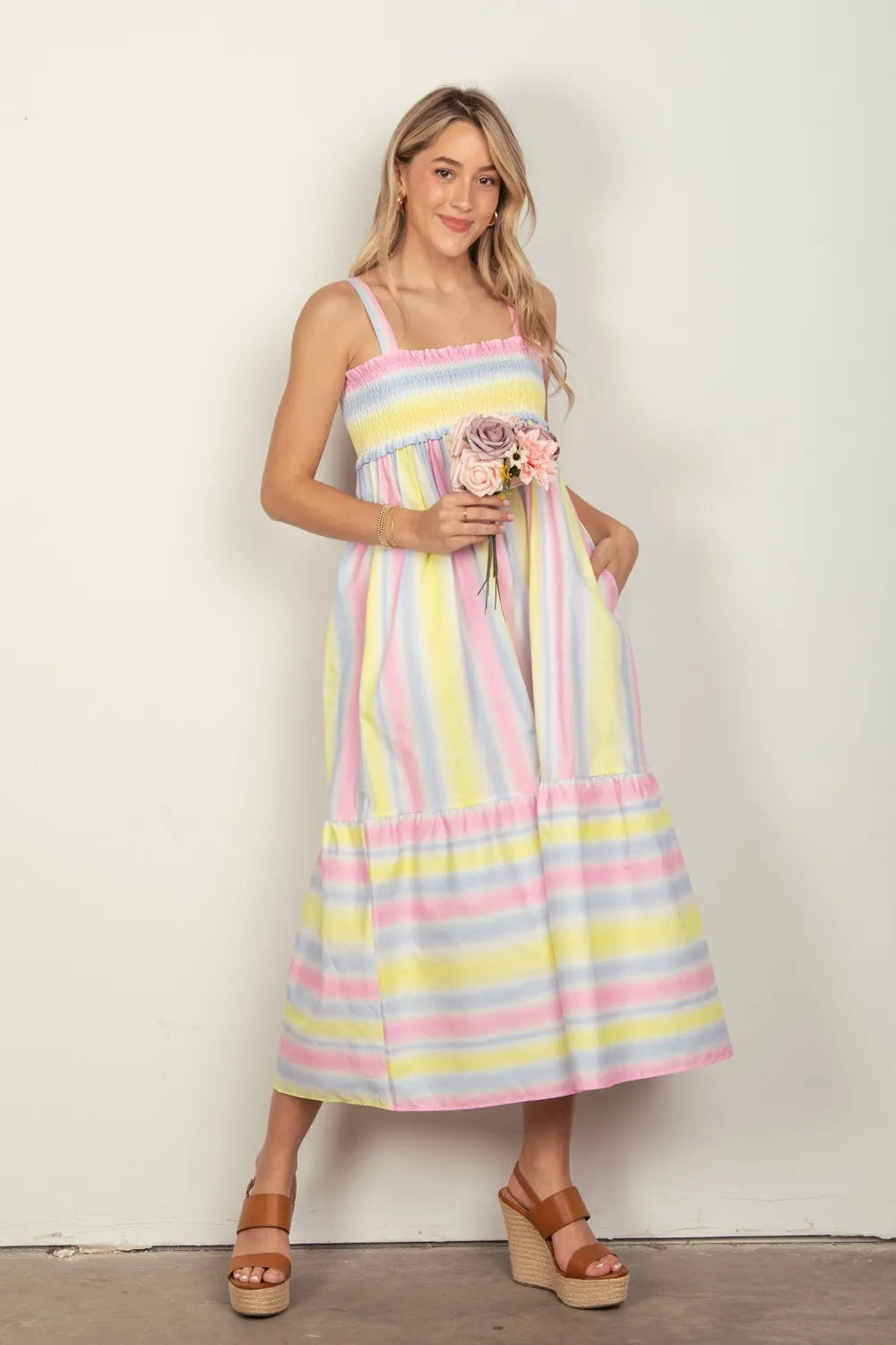 VERY J Striped Woven Smocked Midi Cami Dress e2e05b98-b2f6-4ed3-babe-111823a0216d-Max