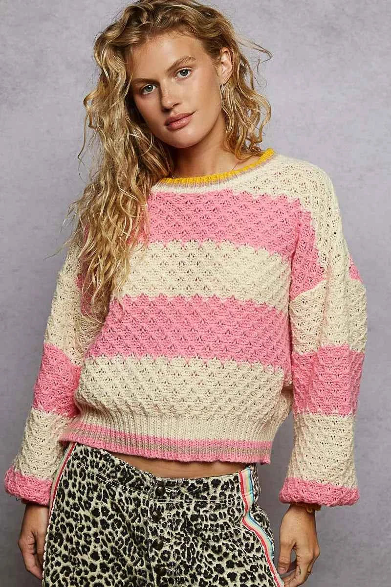 POL Contrast Striped Round Neck Sweater with Textured Cable Knit Pattern e2e3b99a-fb1b-4891-adb4-536f8f752eff-Max-Origin