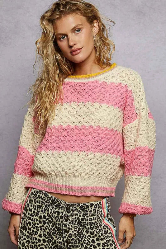 Contrast Striped Round Neck Sweater with Textured Cable Knit Pattern e2e3b99a-fb1b-4891-adb4-536f8f752eff-Max-Origin