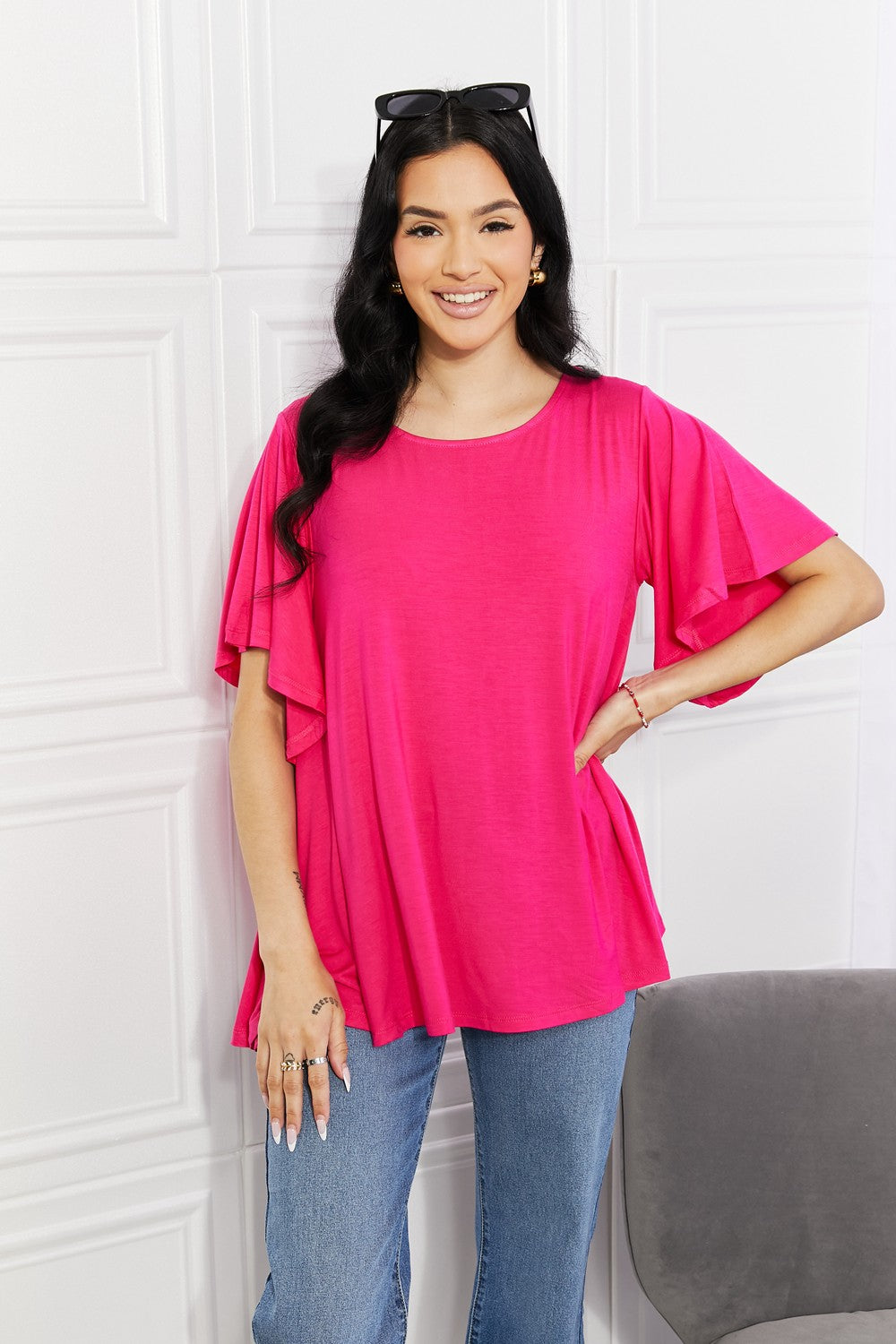Yelete Full Size More Than Words Flutter Sleeve Top Hot Pink e2e49ab71e3249379005e2bf390d0dd9-Max