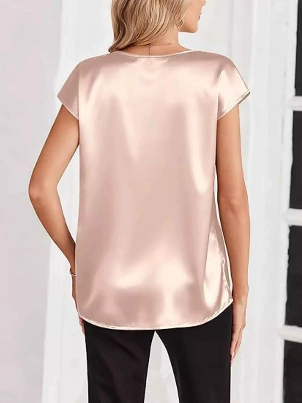 Satin V-Neck Short Sleeve Blouse e2e798b11ecc427fa496f4beee010bc4-Max-Origin