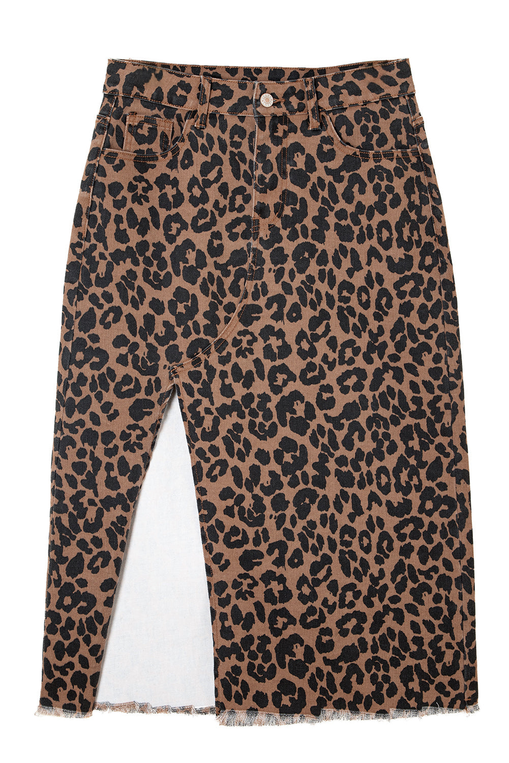 Brown Leopard Frayed Split Denim Midi Skirt e2e919a2fd575e23