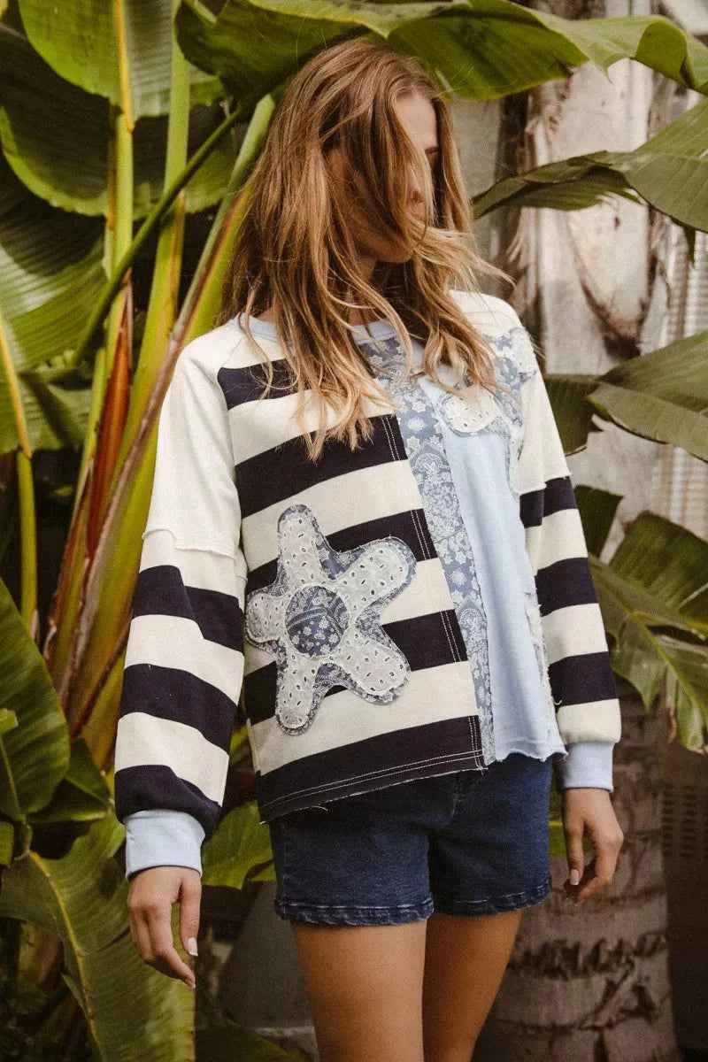 BiBi Patchwork Striped Round Neck Sweatshirt e2e93c7b6951422d8b15873bd7a2c535-Max-Origin