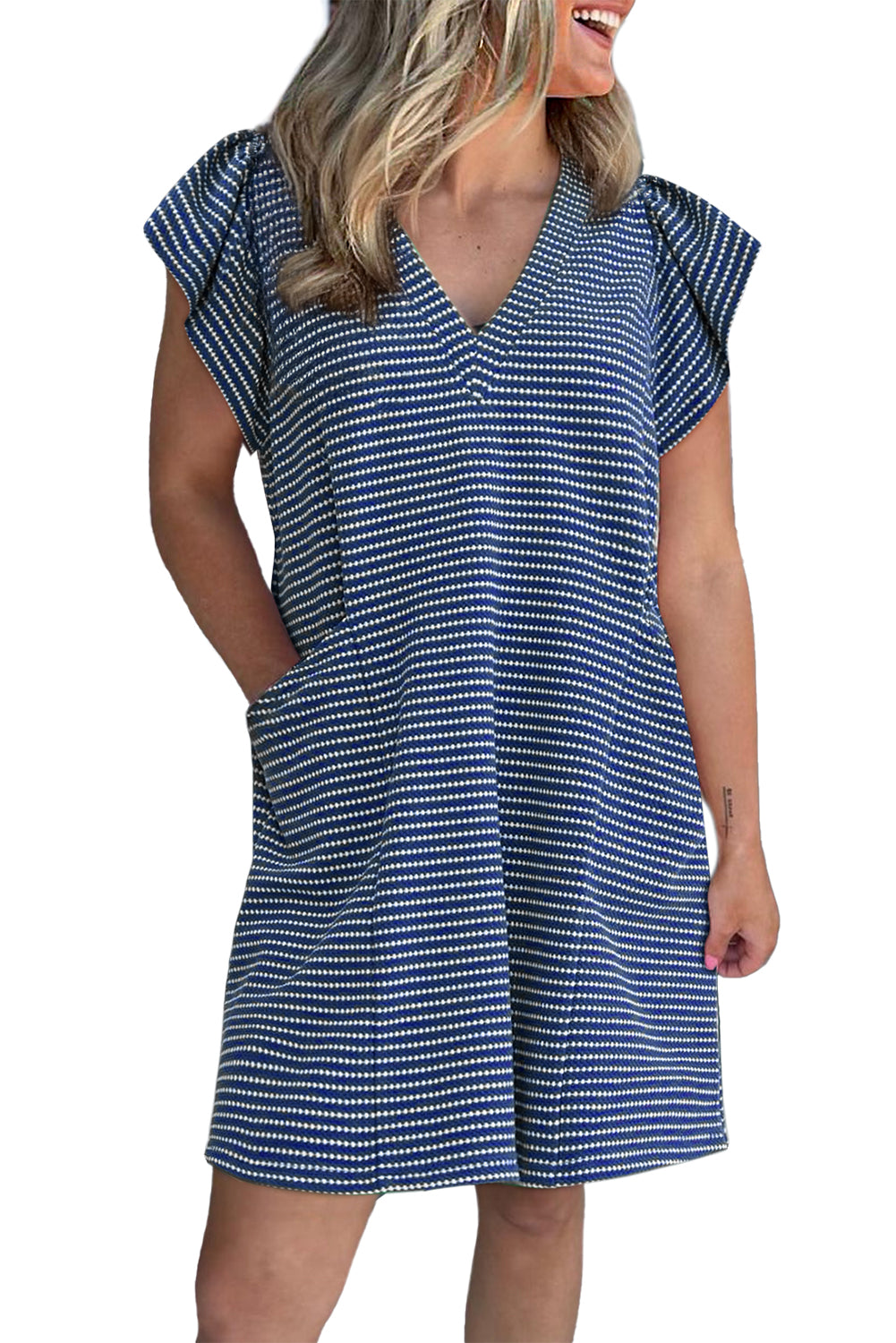 Blue Stripe Textured Knit V Neck Flutter Sleeve Shift Mini Dress e2ec9bc7f5907b48