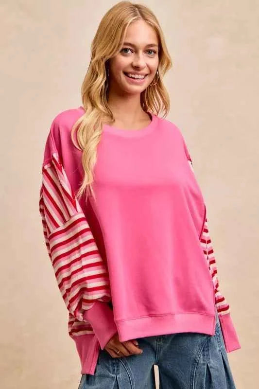 BiBi French Terry Stripe Combo Sweatshirt with Open Seam PINK RED e2f82d5149ee4443a3f68ae9691d1d10-Max-Origin