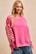 BiBi French Terry Stripe Combo Sweatshirt with Open Seam PINK RED e2f82d5149ee4443a3f68ae9691d1d10-Max-Origin