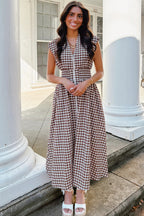 Coffee Plaid Print Full Zipper Cinched Waist Fit Flare Sleeveless Maxi Dress e300a1d77c4573fb