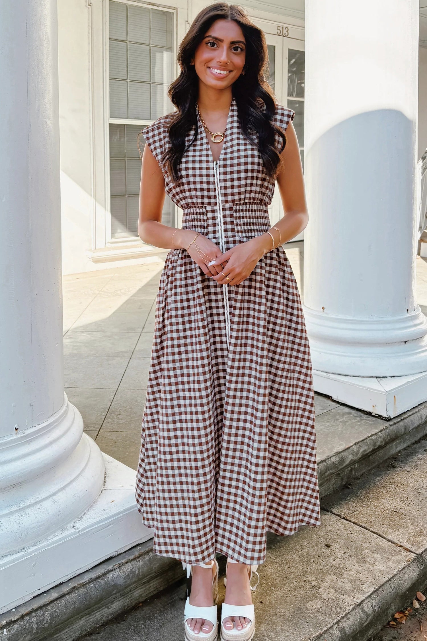 Coffee Plaid Print Full Zipper Cinched Waist Fit Flare Sleeveless Maxi Dress e300a1d77c4573fb