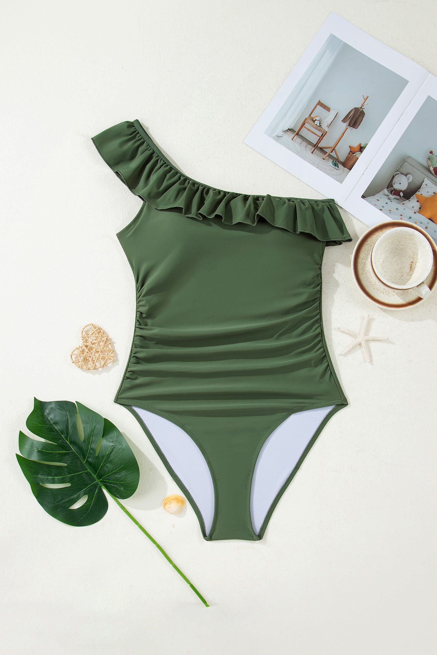Color Black Solid Color Ruffle Trim Asymmetric Neck One Piece Swimsuit e3018eda85ddcc06