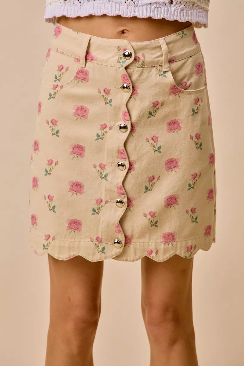 SO ME Floral Rose Print Cotton Twill Scallop Mini Skirt e30263bad5654290b5abd45ca7da3deb-Max-Origin
