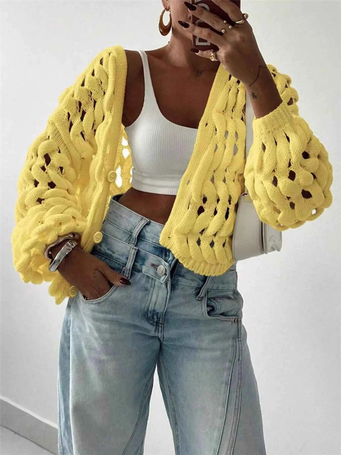 Openwork Button Up V-Neck Cardigan e302ac0792a64a84948dcd37853423e7-Max-Origin
