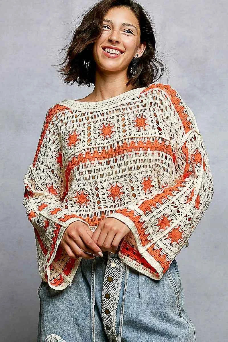 POL Boat Neck Long Sleeve Crochet Top with Granny Square Weaving IVORY ORANGE One Size e3030626-f7c1-4008-844f-f9b4b13d7877-Max-Origin