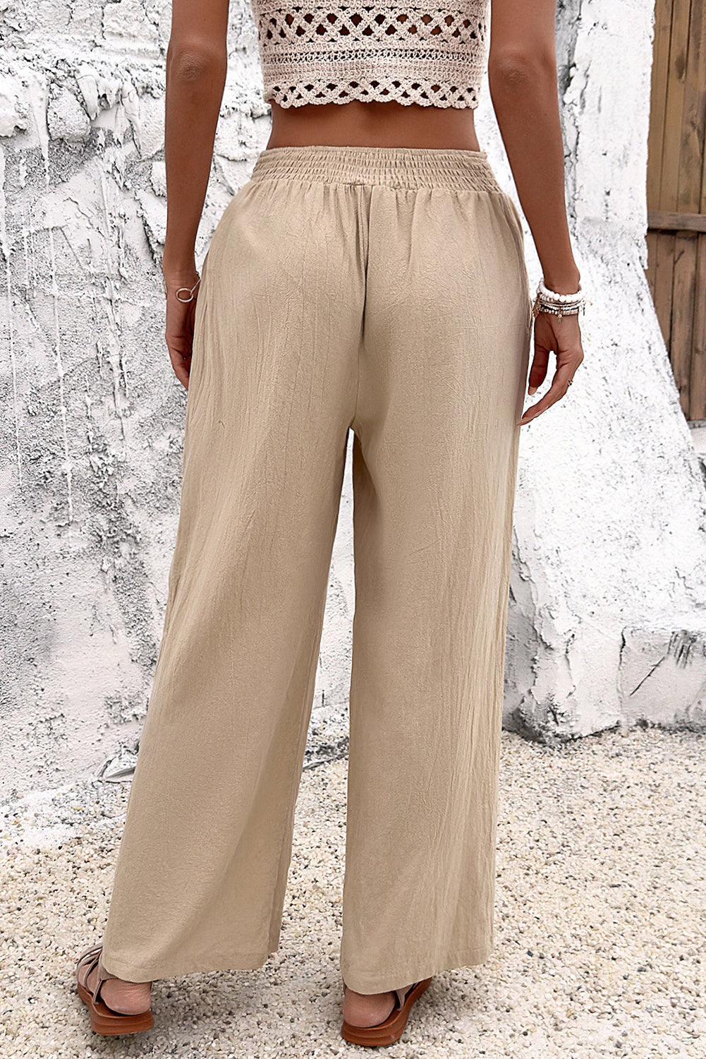 Parchment Solid Color Button High Waist Wide Leg Pants e306492d0b5da91c