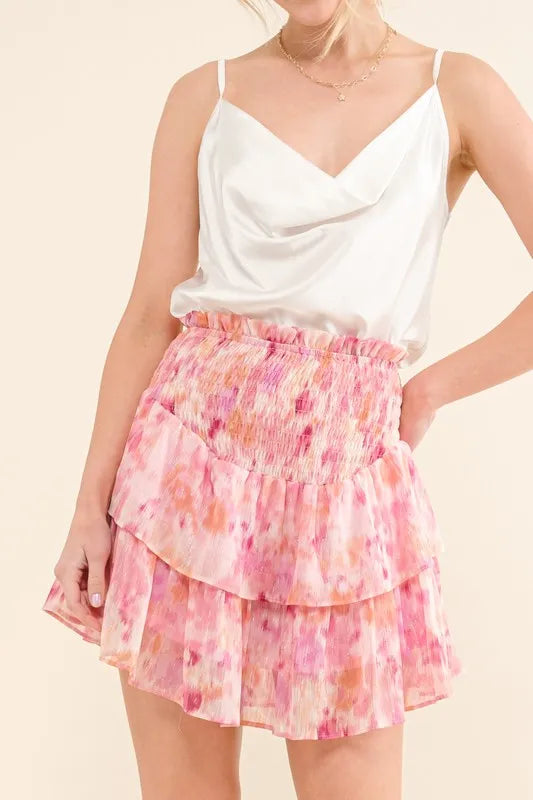 Printed Lurex Smocked Waist Tiered Ruffled Skort e3098f47c6f0494baf4cadff86b78c02-Max-Origin