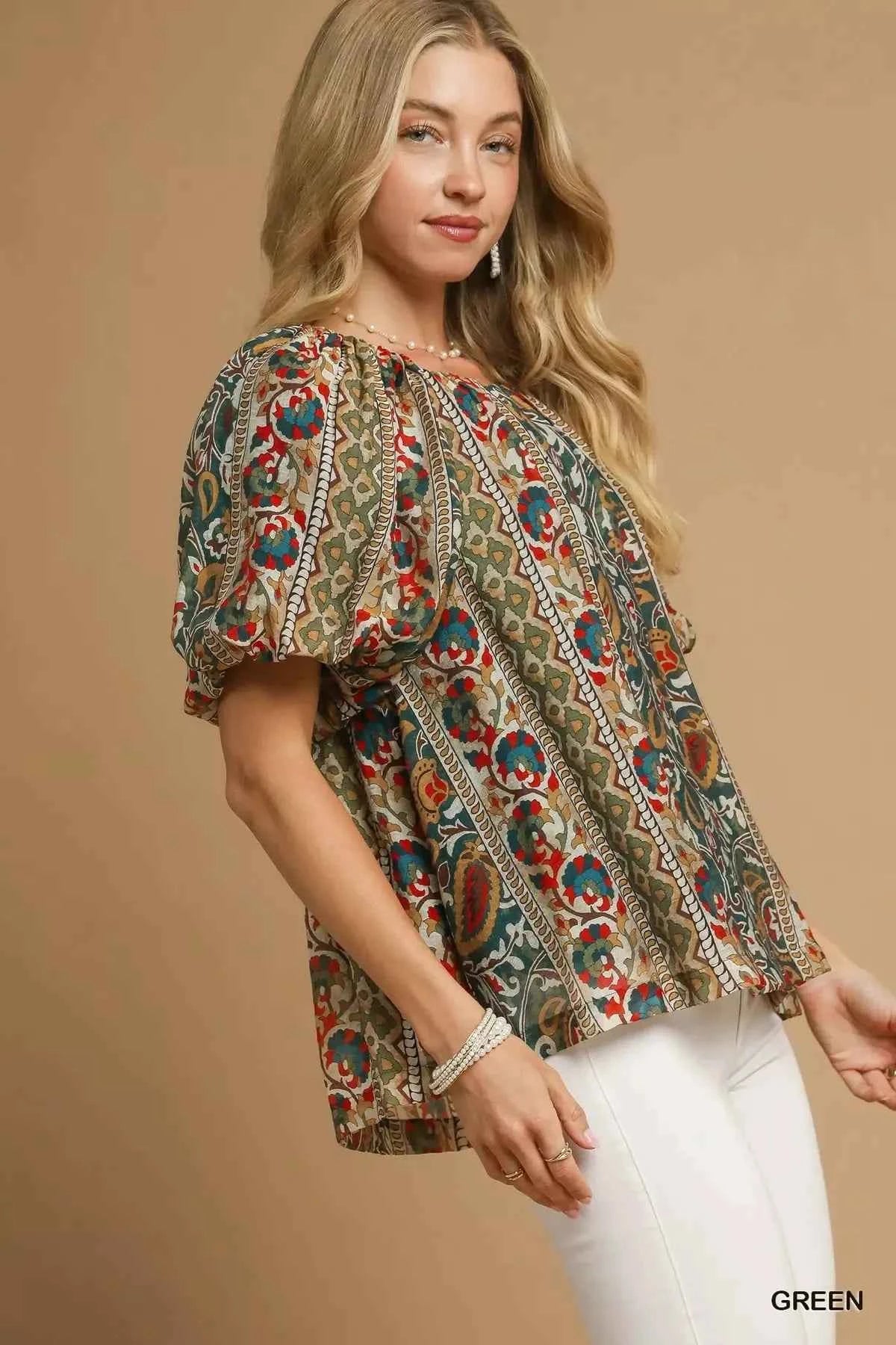Umgee Boho Floral Stripe Puff Sleeve Blouse e309be0d-ad91-4fea-9603-ad9f6cf5ce3c-Max-Origin