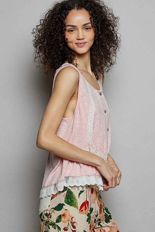 Lace Trim Ruffle Hem Button Detail Round Neck Sleeveless Top e30edecf-6fb7-43e9-9f4b-65105c86126e-Max
