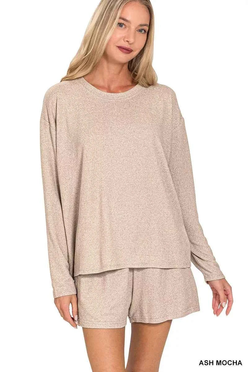 Zenana Soft Melange Long Sleeve Tee and Shorts Set ASH MOCHA e3136c8da95f4d37b2b37a3766aa1711-Max-Origin
