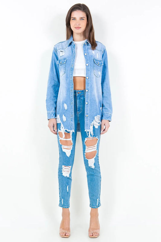 Frayed Hem Distressed Denim Shirt Jacket - 100% Cotton e31d6126-989d-4ac7-b6e7-a3da01549b3d-Max