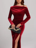 Ruched Velvet Long Sleeve Slit Dress e31fd415-78cd-4f7e-80bf-fcb3bde5ba09-Max-Origin