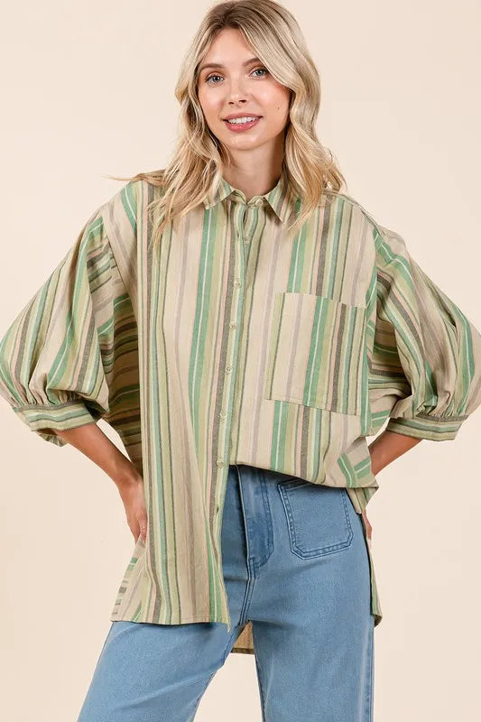 Striped Bubble Sleeve Button Down Shirt e321ed29-eeaa-4c9e-bafe-4b10537d056d-Max