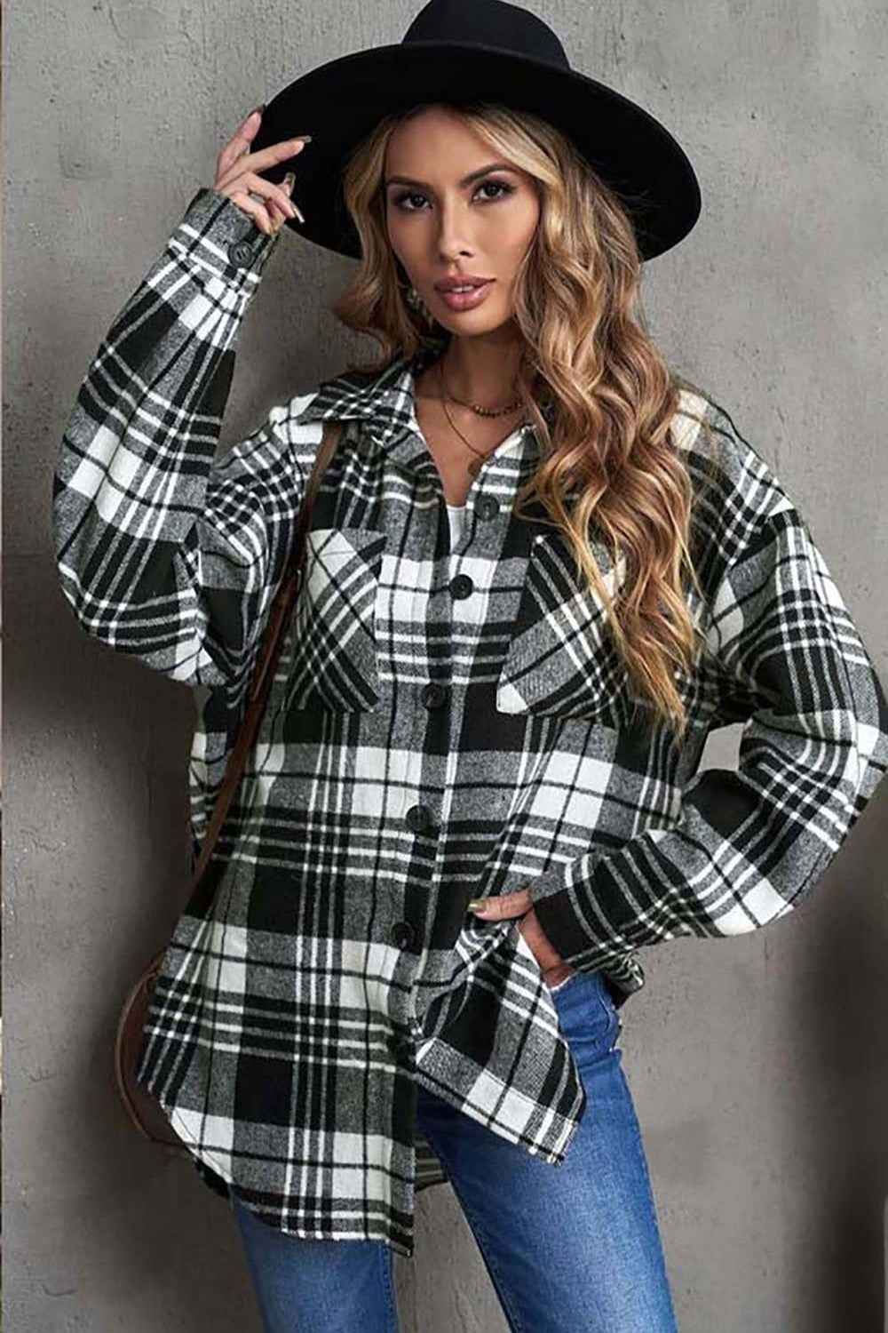Plaid Collared Neck Button Up Jacket with Pockets Black e3224bfde58c435ebef179f8a48217f1-Max