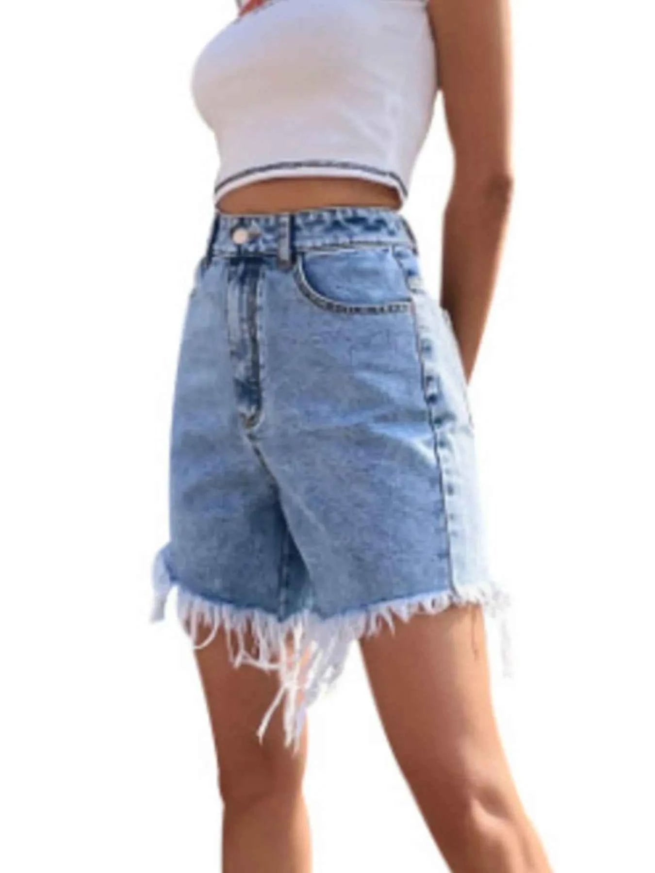 High Waisted Frayed Hem Denim Shorts e32260f0-ec7c-44bf-b54b-3a6220790434-Max-Origin