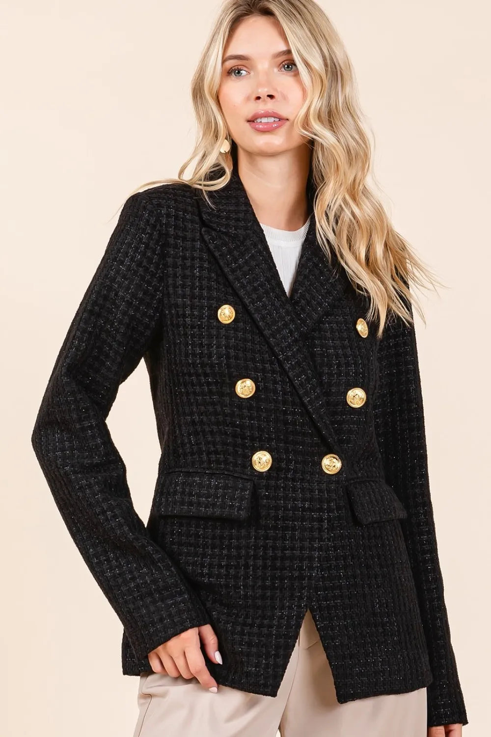 Mittoshop Plaid Texture Double-Breasted Long Sleeve Blazer Black e3241dd4-5efa-4d2f-9c52-32569b41b30c-Max