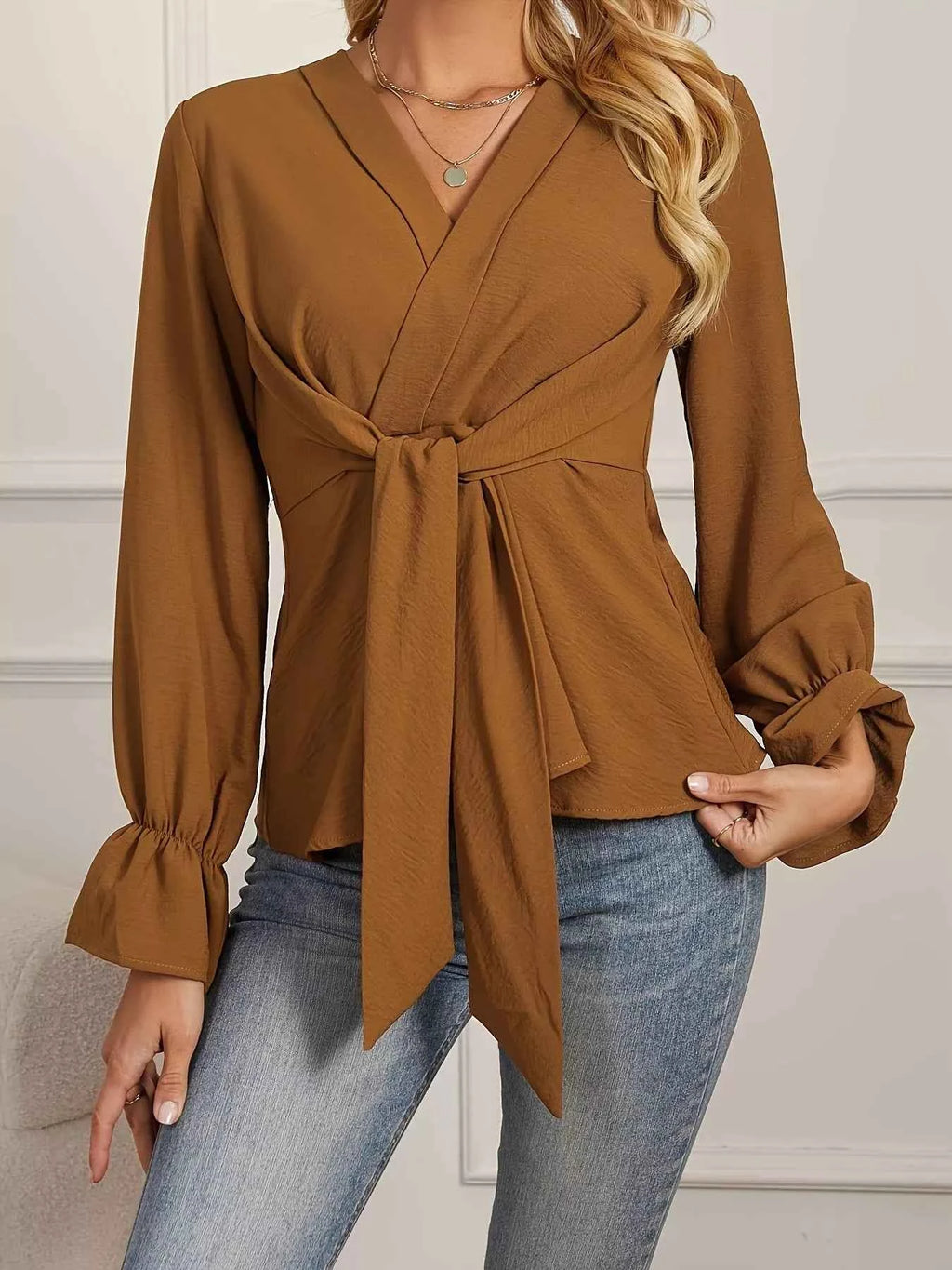 Knot Front Long Sleeve Blouse Amber e324dac1259040b7ae17fb2370328e16-Max-Origin