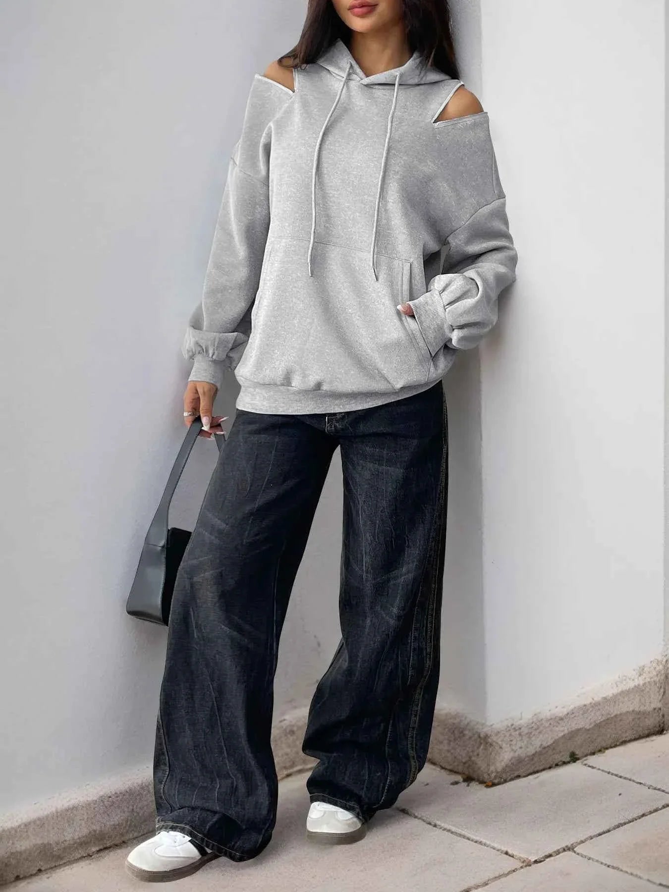 Drawstring Zip Detail Cold Shoulder Hoodie e329219494a64c2fa54be070b2240428-Max-Origin