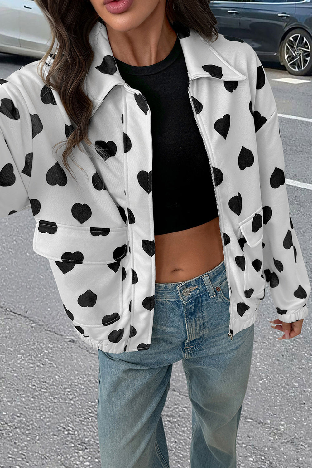 White Zipper Heart Print Collared Jacket White Shell:100%Polyester+Lining:100%Polyester e3296e4b9fd6f913