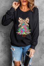 Black Shiny Bowknot Christmas Tree Graphic Heat Transfer Printing Round Neck Sweatshirt e32997779bda58af