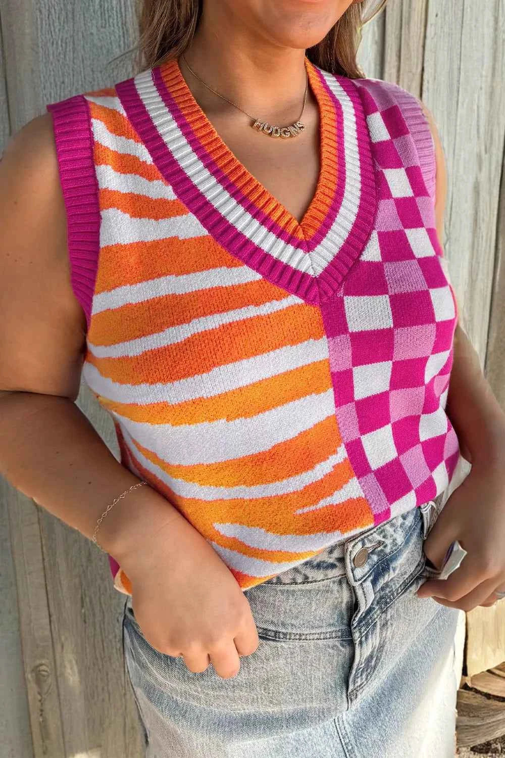 Striped Checkered Contrast Patchwork V Neck Sweater Vest Multicolor e337410a-9aec-4958-a993-5ab61809636f-Max-Origin