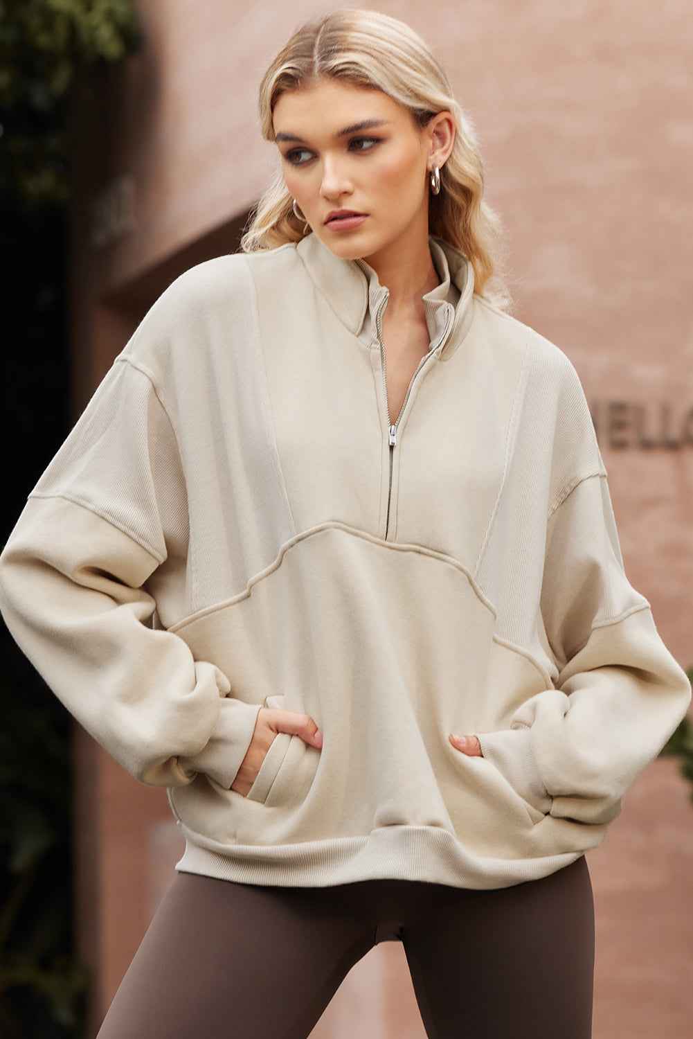 Black Half Zip Stand Collar Exposed Seam Solid Color Casual Sweatshirt e339a96b91a7934f