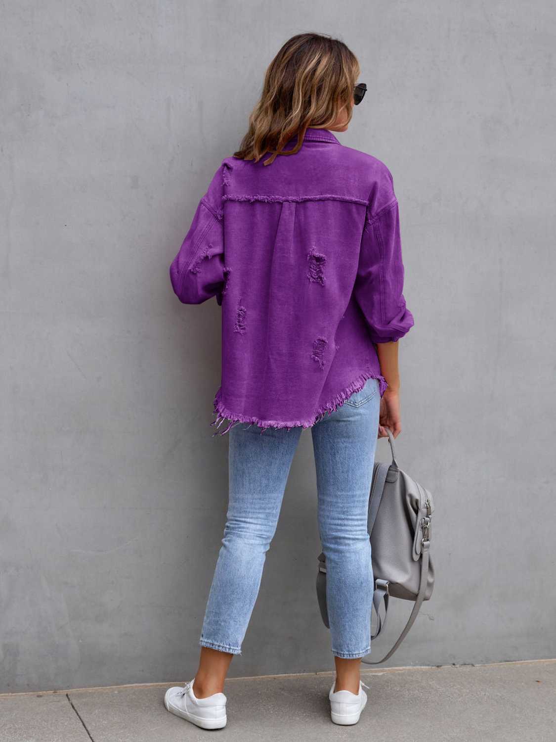 Distressed Drop Shoulder Denim Jacket e3415fa77943466ba1bb56ffd7c20b2d-Max
