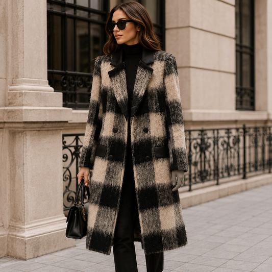 Black & White Plaid Double-Breasted Wool Coat