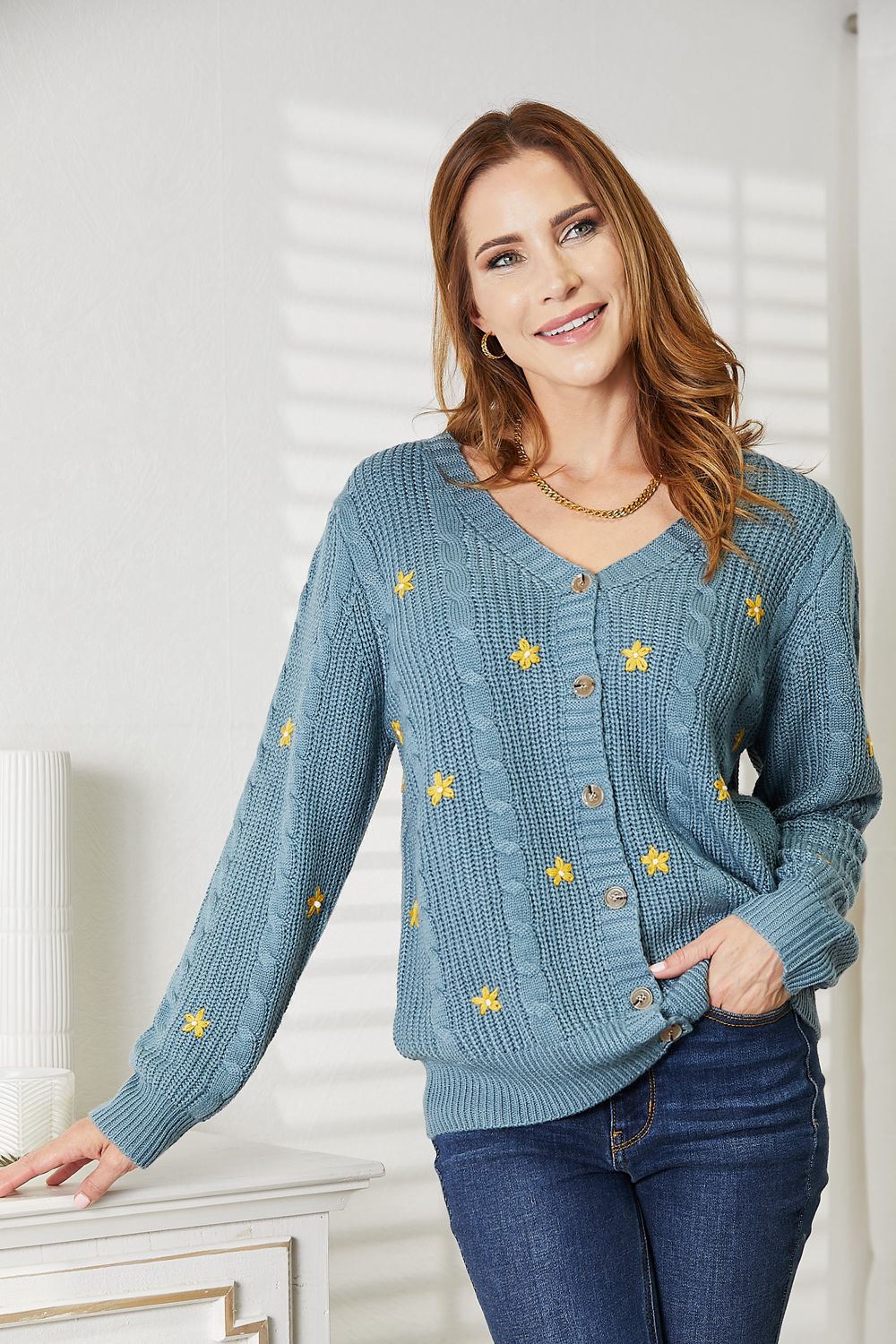 HEYSON Full Size Floral Embroidered Cable Cardigan e3456b00f2bd4855a67050eec7baf617-Max