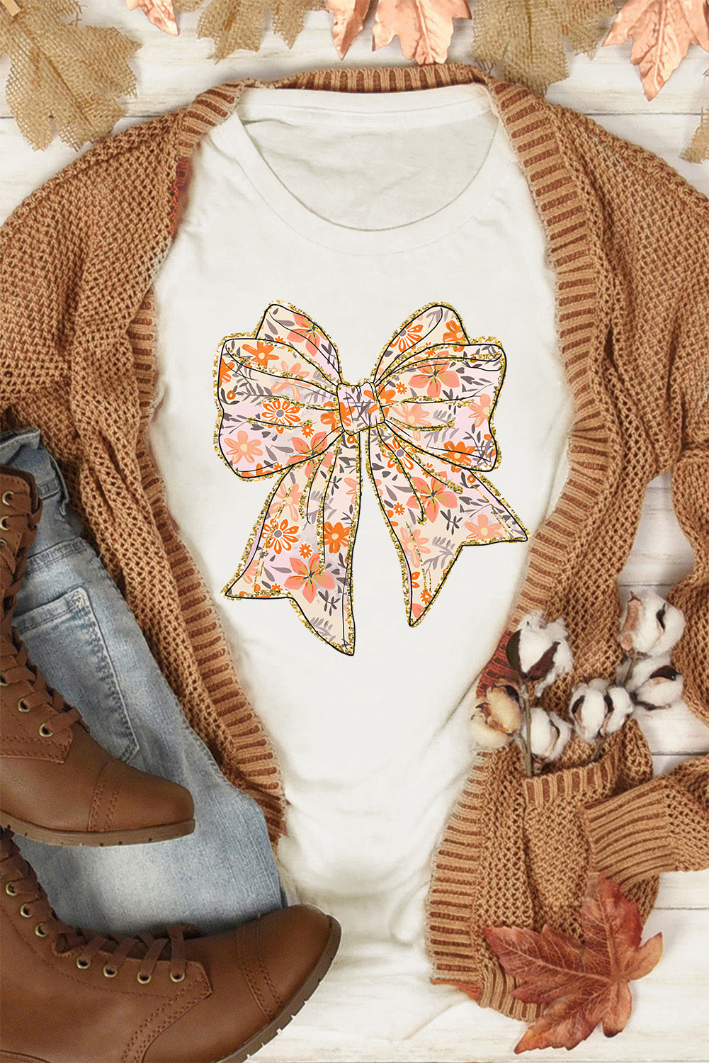 White Glitter Trim Floral Bow Heat Transfer Printing Cotton Blend T Shirt e348eadce5869e88