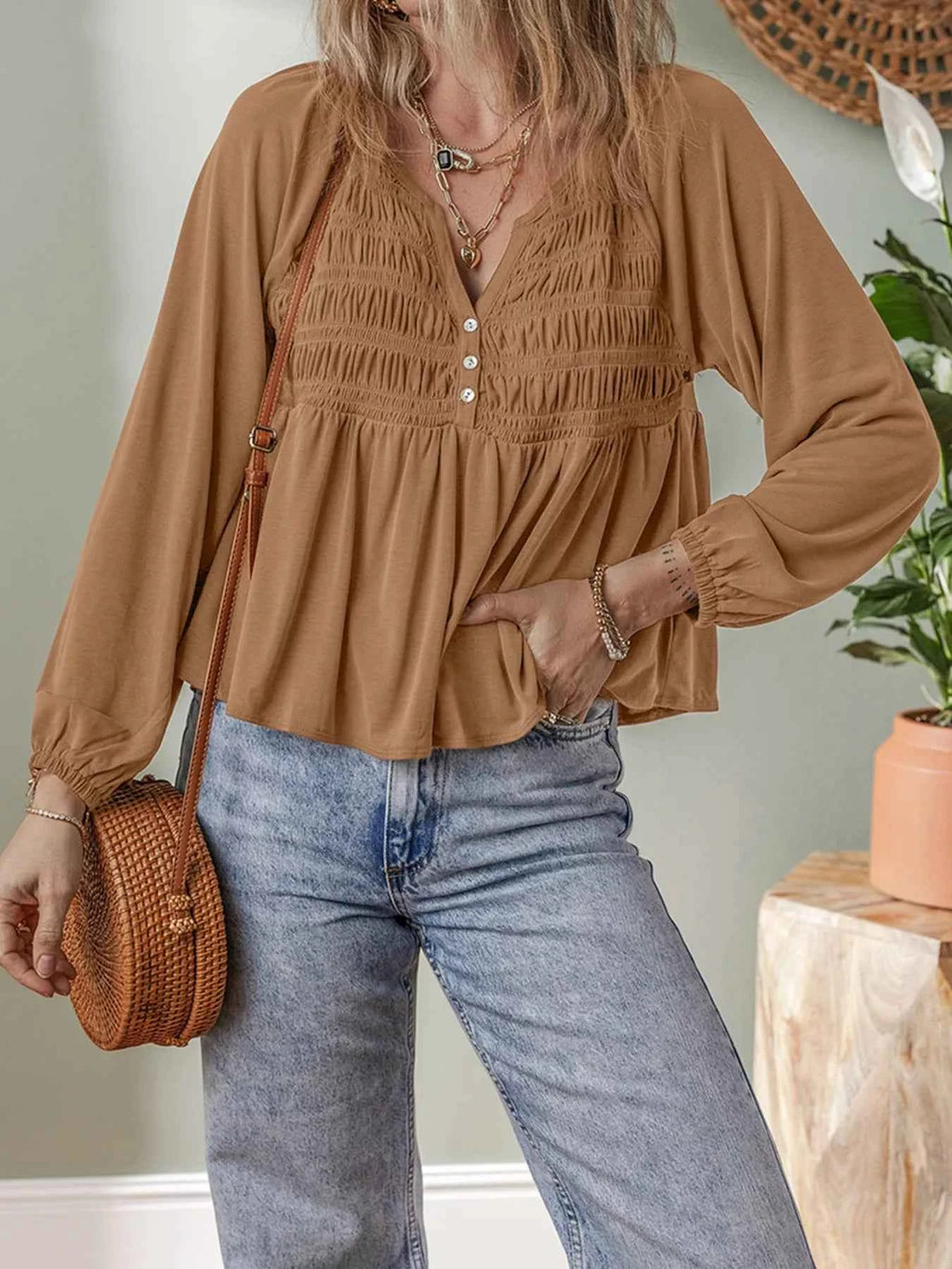 Smocked Buttoned Split V Neck Flow Fit Blouse e34a81bc24b94684b870afc4dc7272e8-Max-Origin