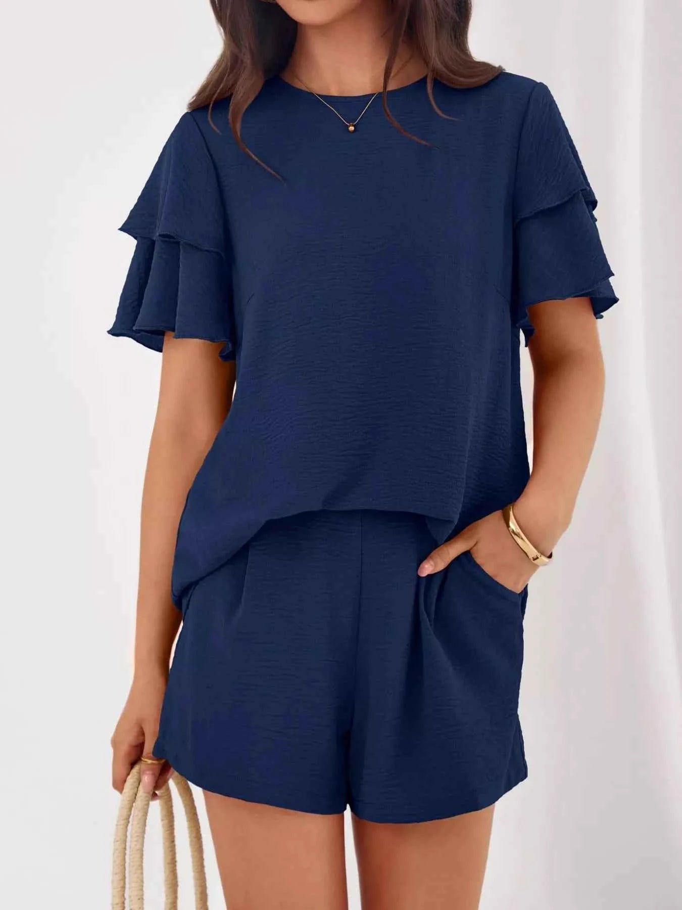 Ruffle Sleeve Top and Shorts Two-Piece Set Peacock Blue e34b1699-cb76-400b-8cb0-7f65bbf0ede3-Max-Origin