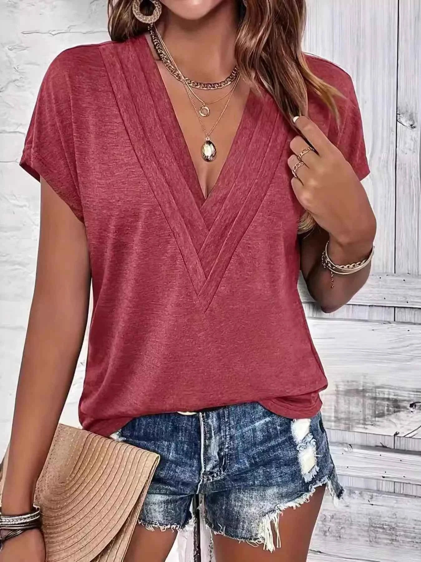 V-Neck Short Sleeve Casual Top e34b7676e1c0466b9dc980ad18388c8e-Max-Origin
